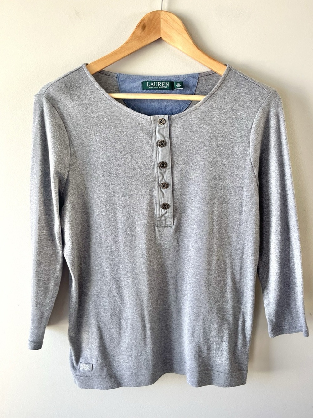 Lauren Ralph Lauren Gray Henley 3/4 Sleeve Top Size Large -100% Cotton Casual